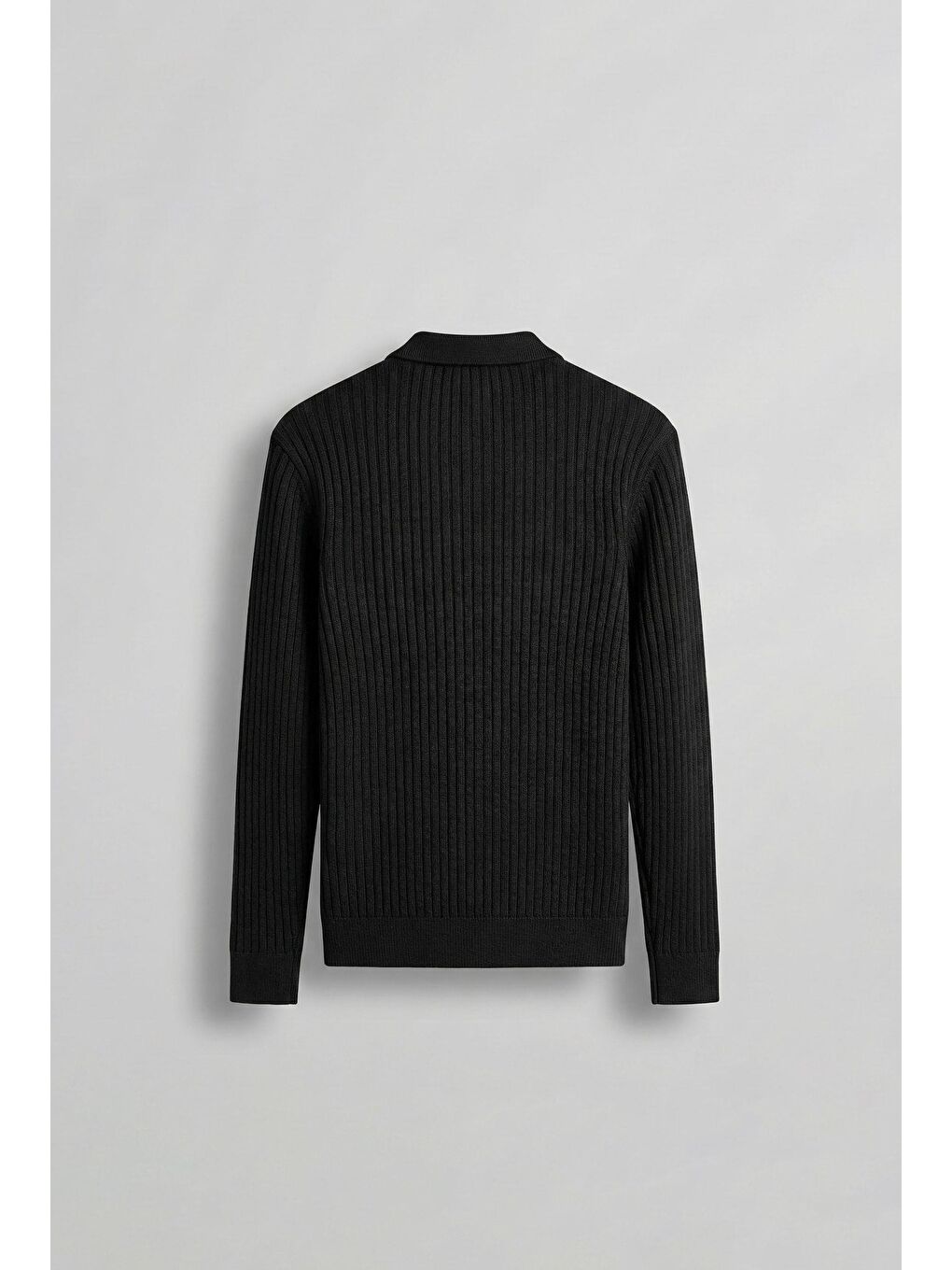 Erkek Slim Fit Polo Yaka Fitilli Örme Triko Kazak Siyah-1