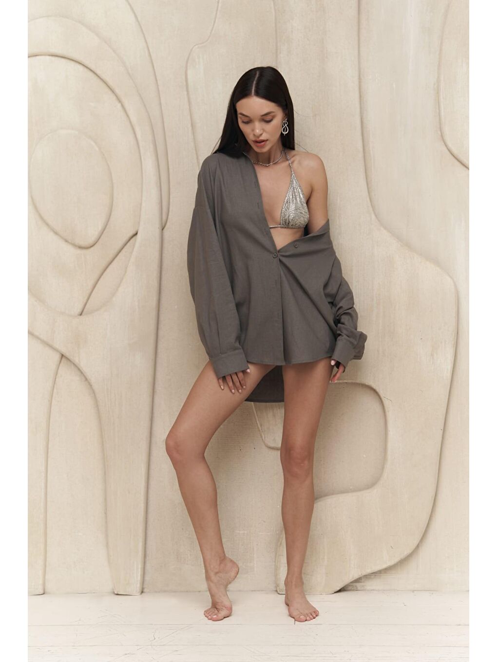 Charlotte Antrasit Oversize Keten Gömlek-5