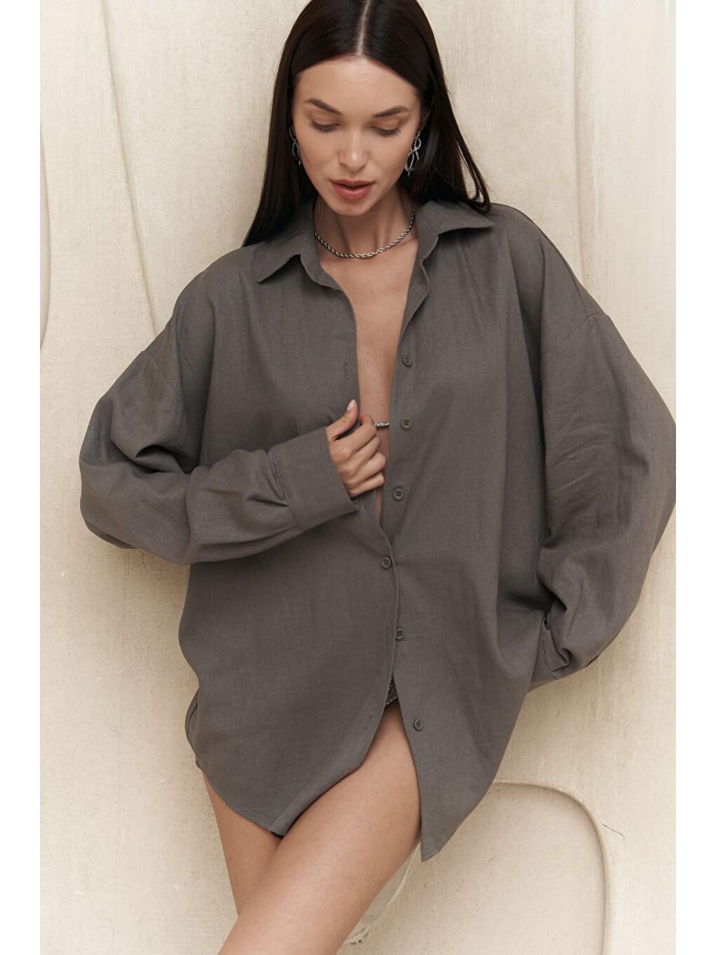 Charlotte Antrasit Oversize Keten Gömlek-6