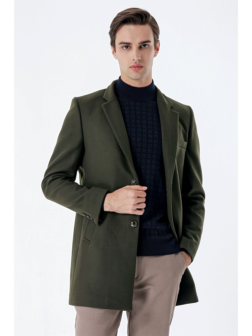 Koyu Haki Kaşe Mono Yaka Kapitoneli Astar Slim Fit Dar Kesim Klasik Kaban 1008235171