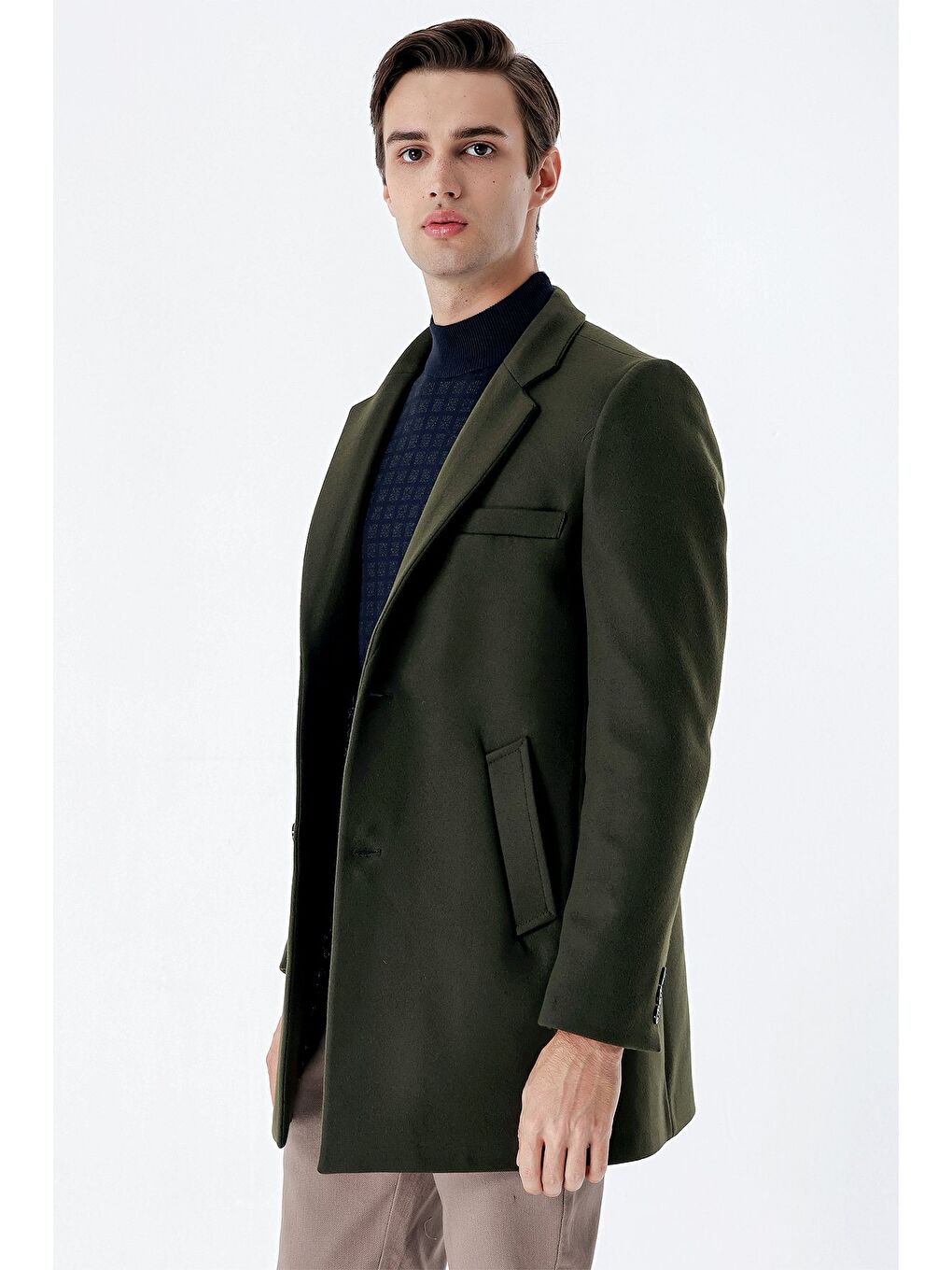 Koyu Haki Kaşe Mono Yaka Kapitoneli Astar Slim Fit Dar Kesim Klasik Kaban 1008235171-1