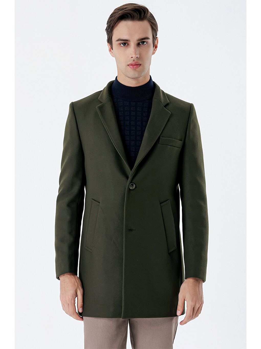 Koyu Haki Kaşe Mono Yaka Kapitoneli Astar Slim Fit Dar Kesim Klasik Kaban 1008235171-2