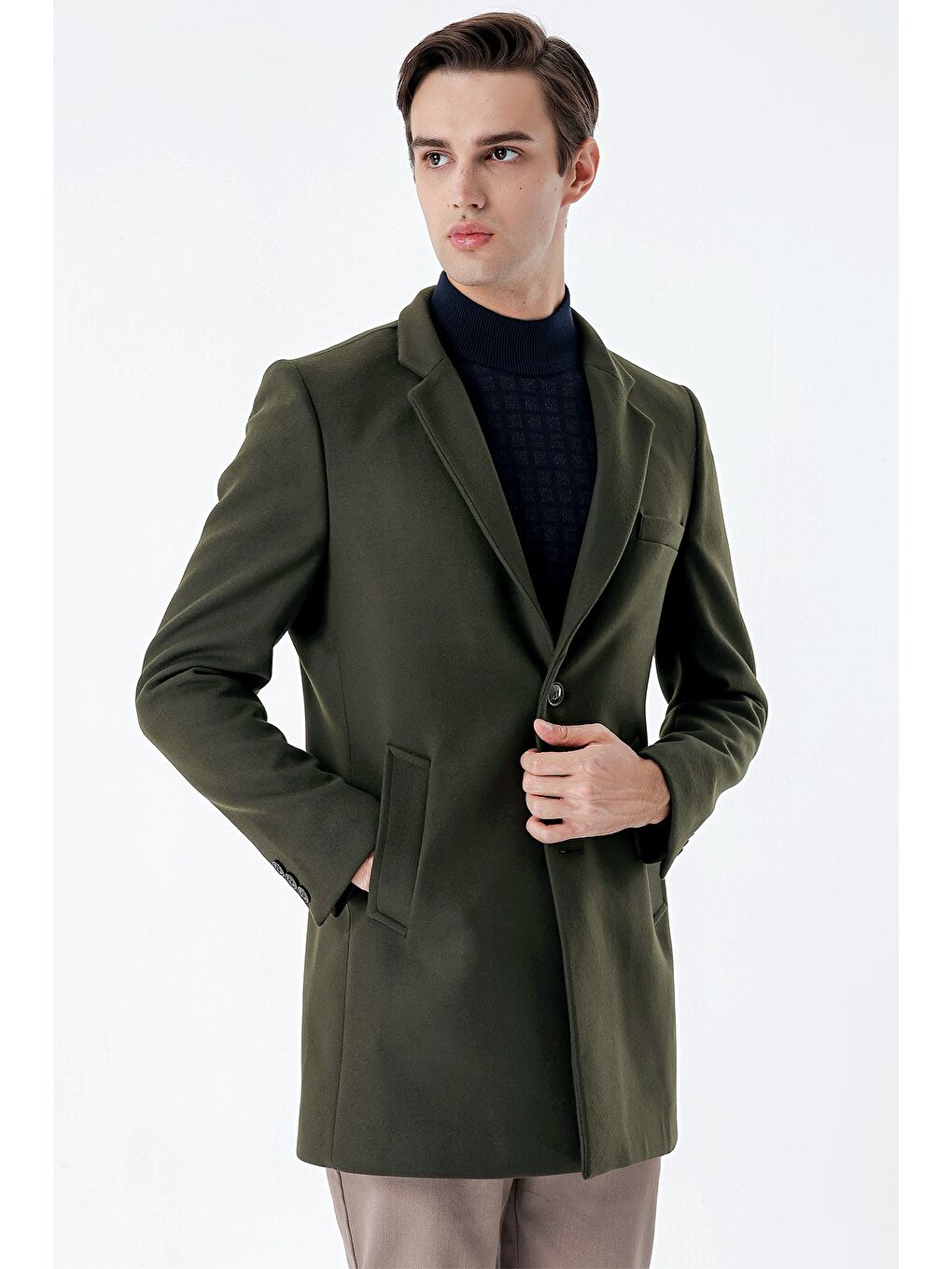 Koyu Haki Kaşe Mono Yaka Kapitoneli Astar Slim Fit Dar Kesim Klasik Kaban 1008235171-3