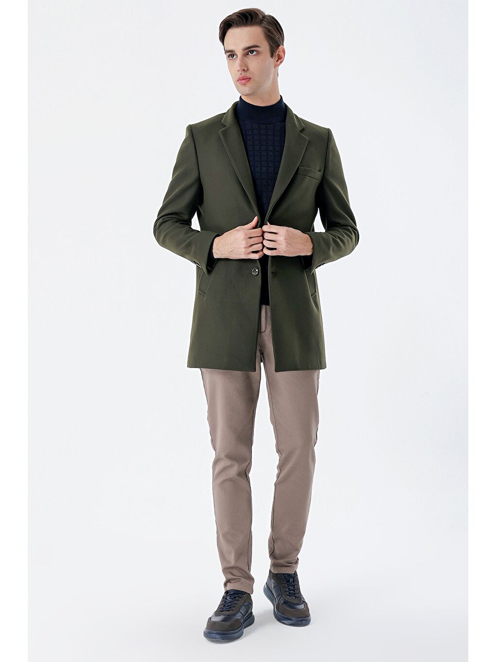 Koyu Haki Kaşe Mono Yaka Kapitoneli Astar Slim Fit Dar Kesim Klasik Kaban 1008235171-4