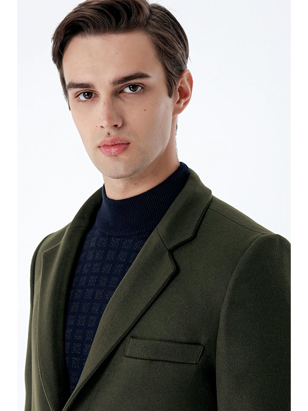 Koyu Haki Kaşe Mono Yaka Kapitoneli Astar Slim Fit Dar Kesim Klasik Kaban 1008235171-5