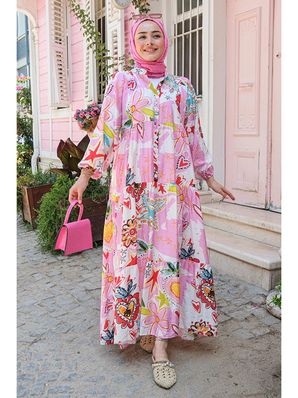 Locco Moda Pembe Karışık Desen Elbise Pembe - 2