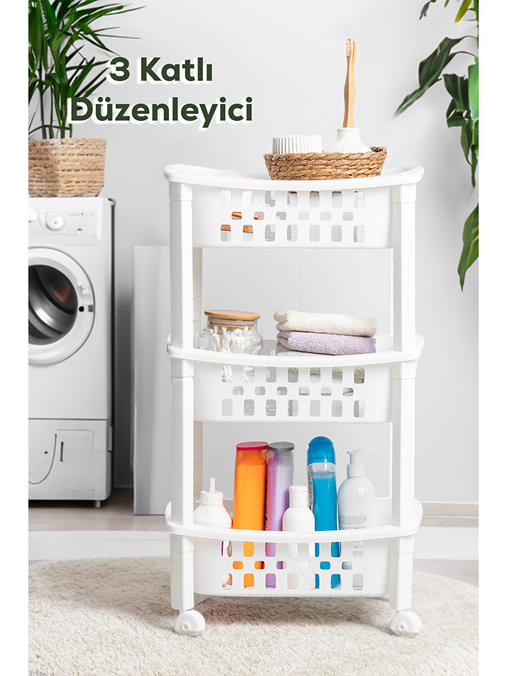 Porsima Bej-Beyaz 78-1 3 Katlı Tekerlekli Organizer Raf  Çok Amaçlı Mutfak Banyo Düzenleyici Raf Ünitesi Beyaz