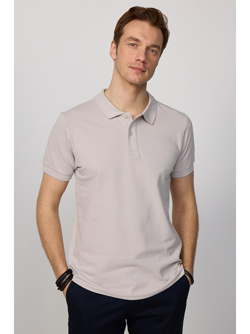 Bej Erkek Slim Fit Dar Kesim %100 Pamuk Düz Pike  Polo Yaka Tişört