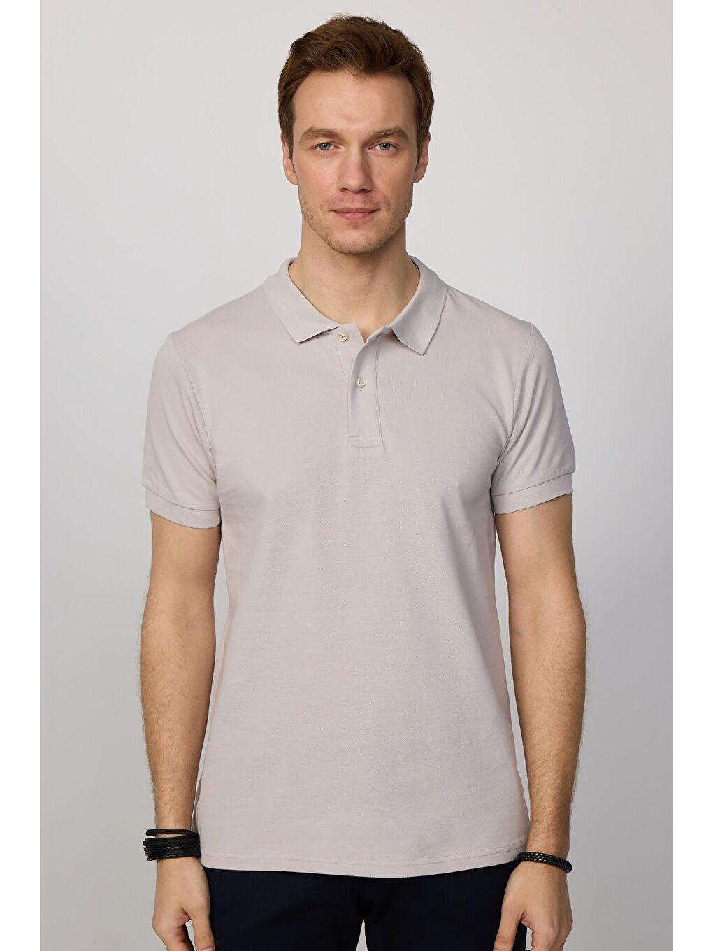 Bej Erkek Slim Fit Dar Kesim %100 Pamuk Düz Pike  Polo Yaka Tişört-2