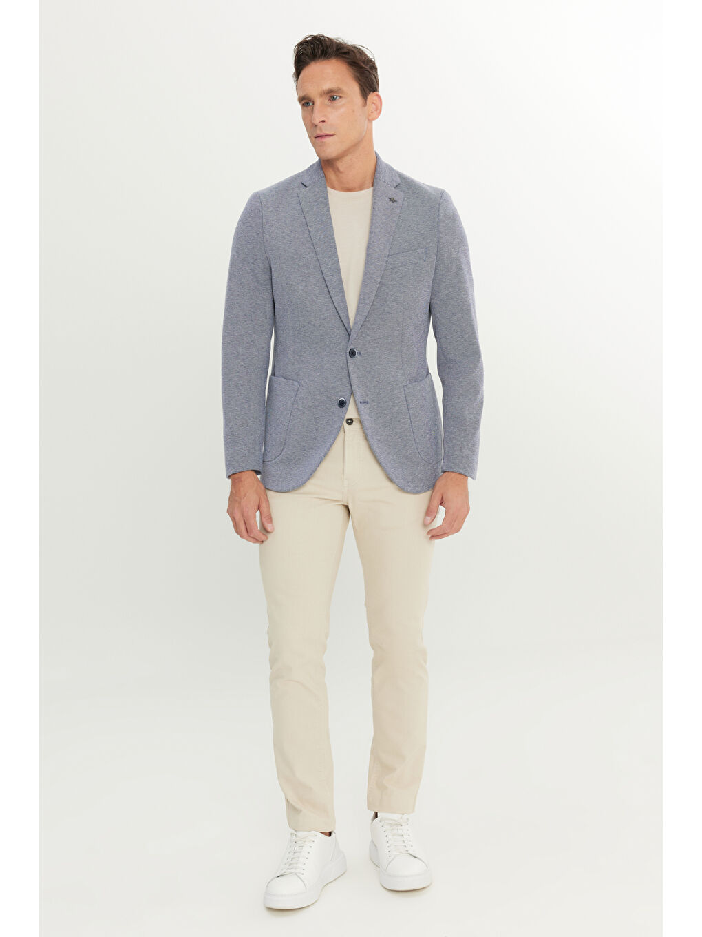 Erkek Lacivert Pamuklu Slim Fit Dar Kesim Mono Yaka Armürlü Torba Cepli Blazer Ceket-1