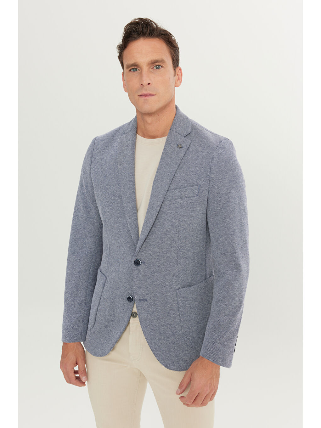 Erkek Lacivert Pamuklu Slim Fit Dar Kesim Mono Yaka Armürlü Torba Cepli Blazer Ceket-2
