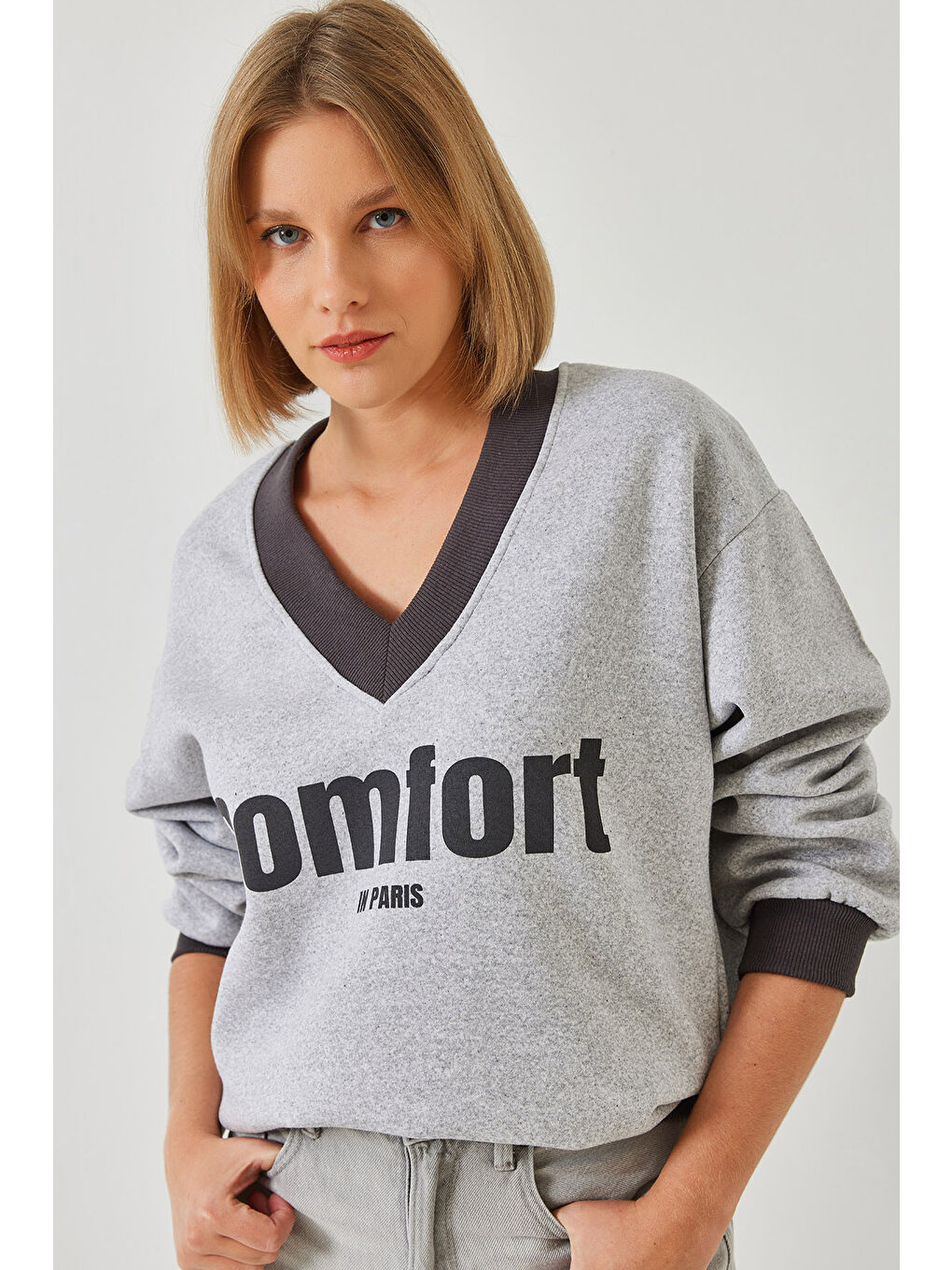 SHADE Gri Kadın Comfort Baskılı Sweatshirt