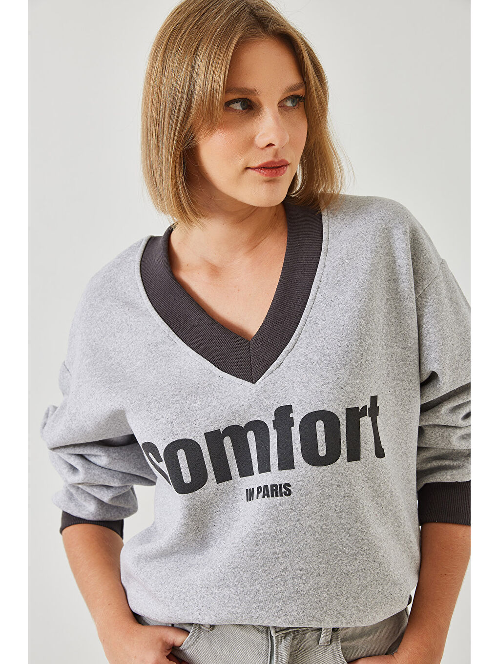 SHADE Gri Kadın Comfort Baskılı Sweatshirt - 1