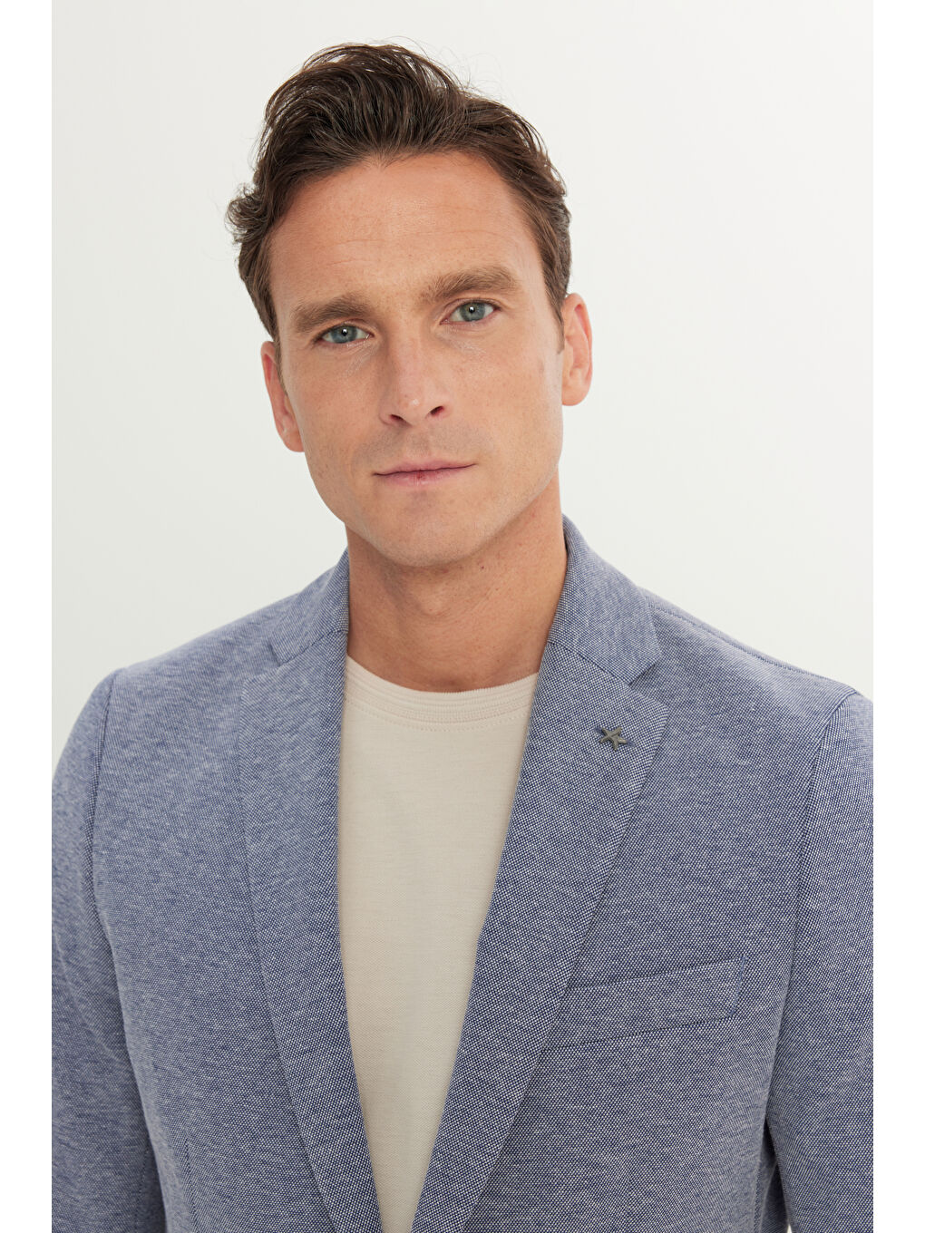 Erkek Lacivert Pamuklu Slim Fit Dar Kesim Mono Yaka Armürlü Torba Cepli Blazer Ceket-3