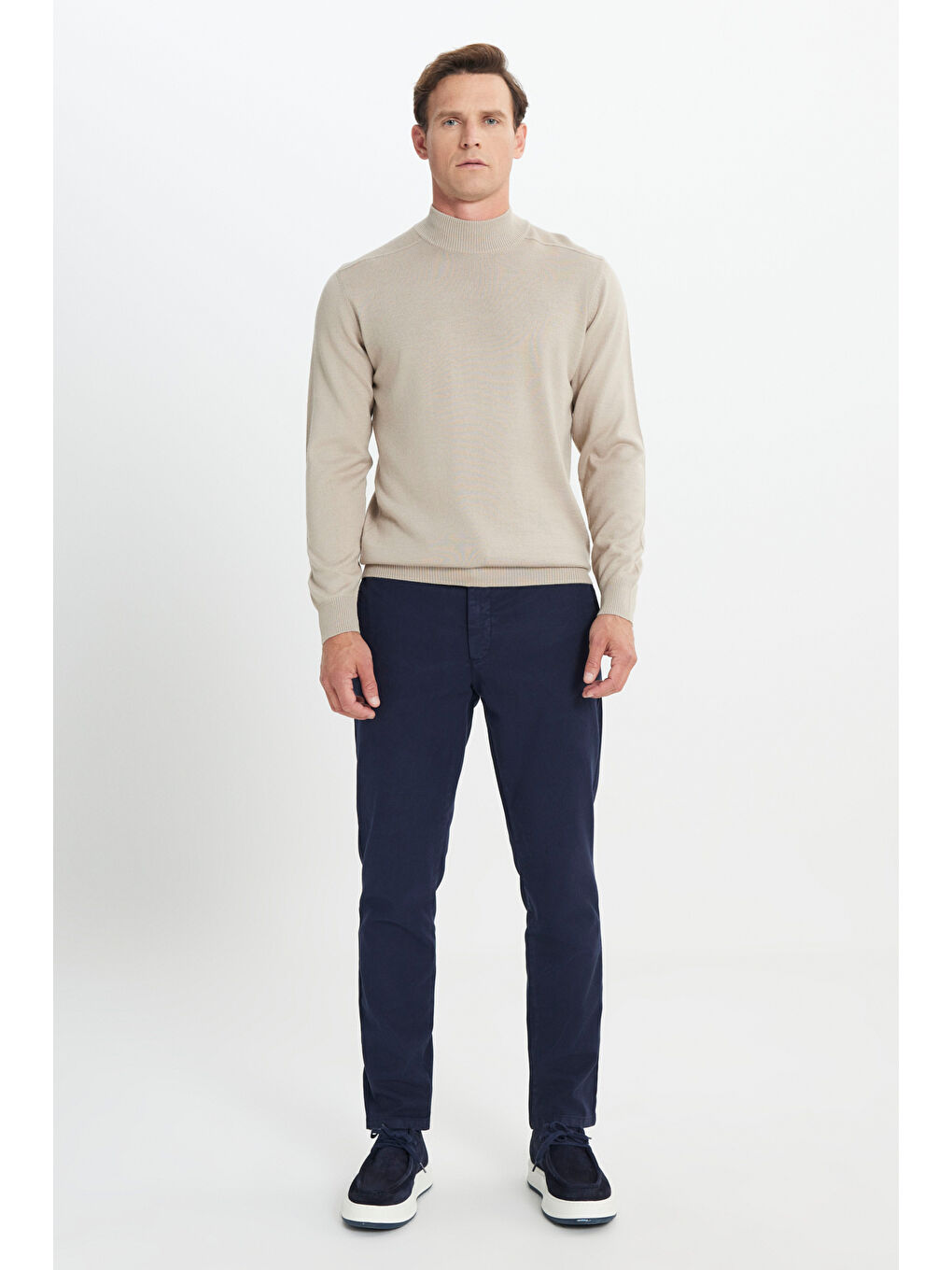 Erkek Bej Yünlü Sıcak Tutan Standart Fit Normal Kesim Yarım Balıkçı Yaka Triko Kazak-1