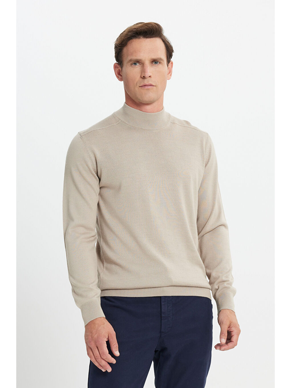 Erkek Bej Yünlü Sıcak Tutan Standart Fit Normal Kesim Yarım Balıkçı Yaka Triko Kazak-3