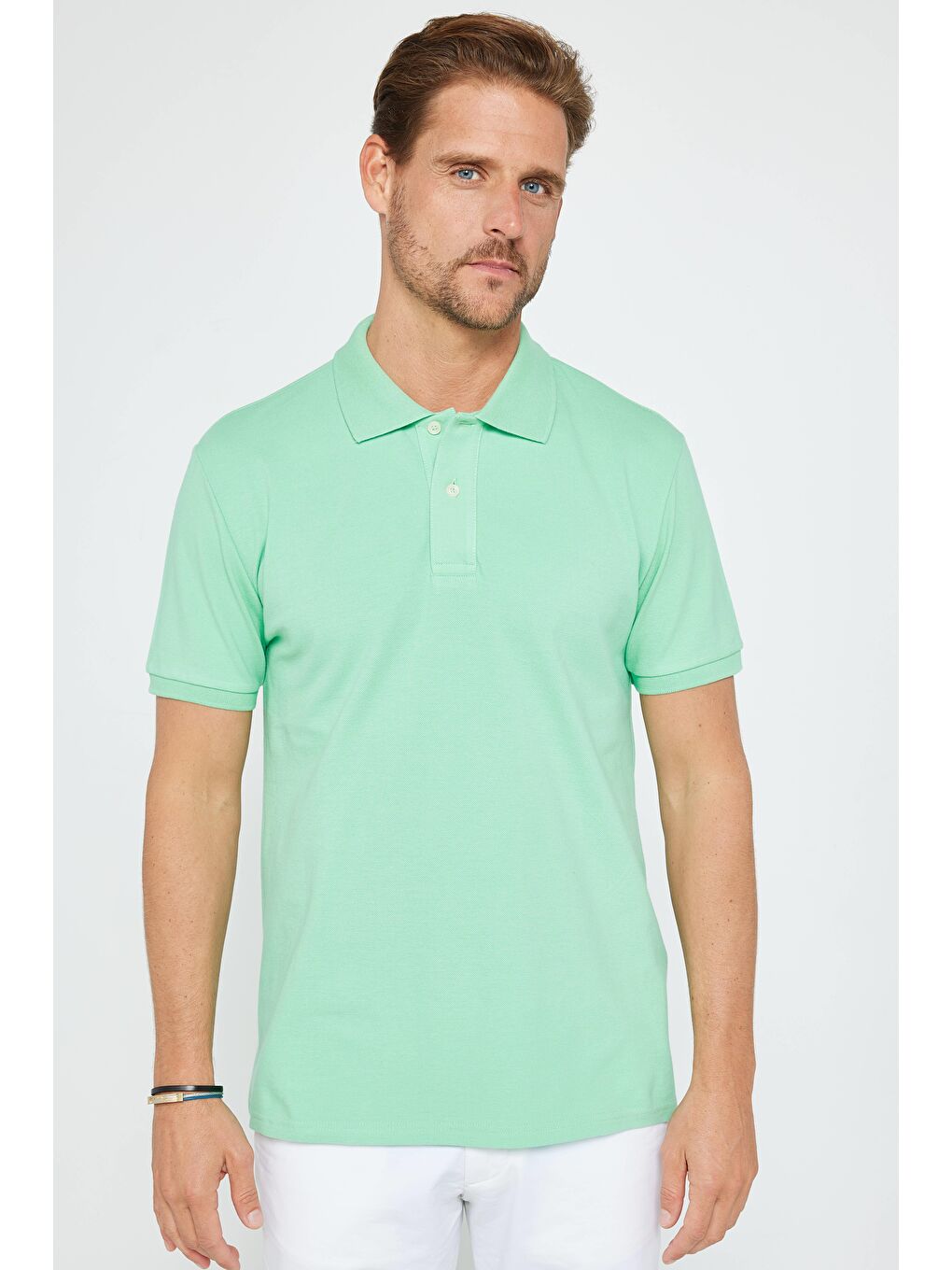 TUDORS Yeşil Erkek Slim Fit Dar Kesim %100 Pamuk Düz Pike Mint Polo Yaka Tişört - 1