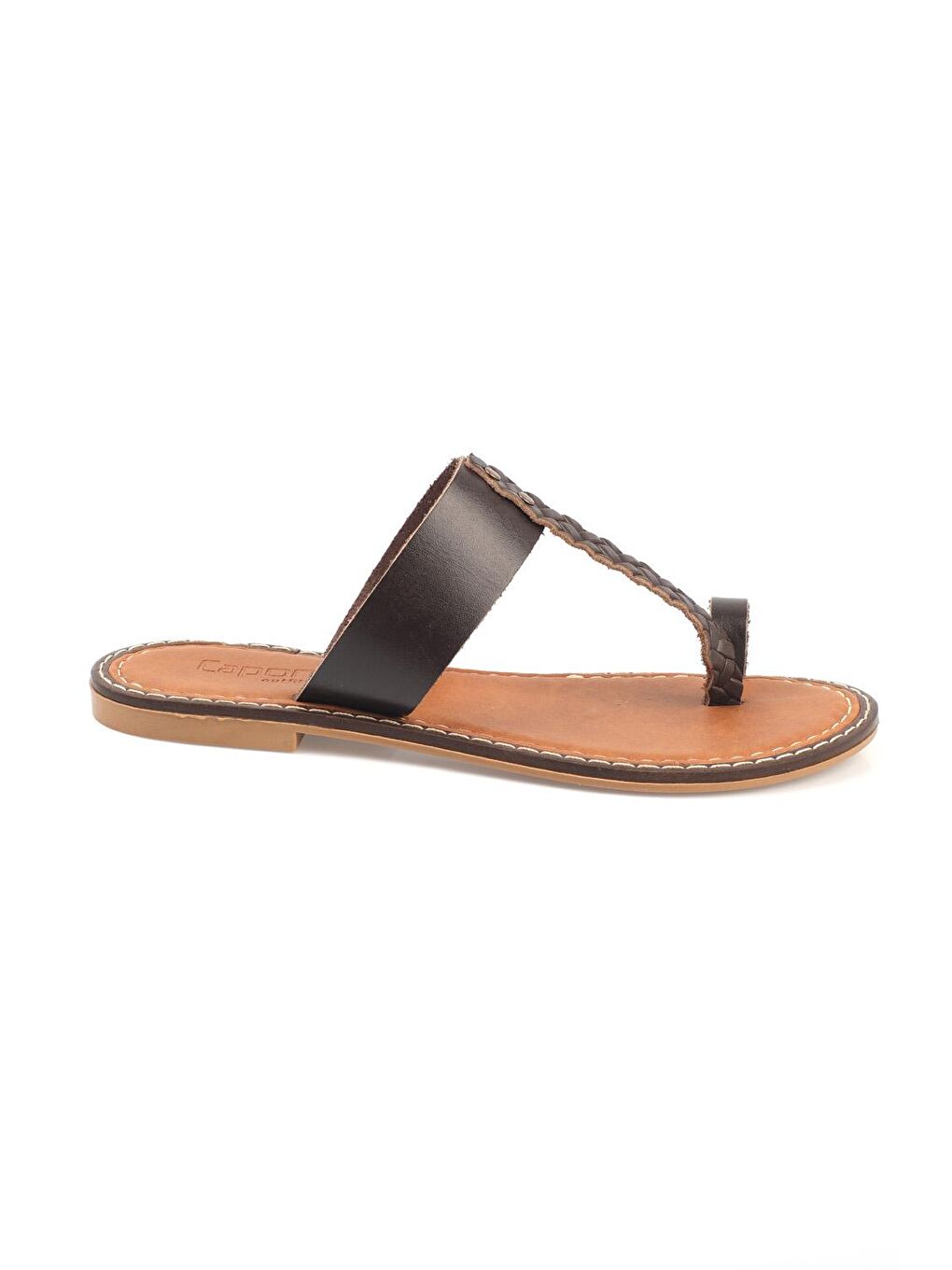 Kahverengi Parmak Arası Deri Kadın Terlik-1