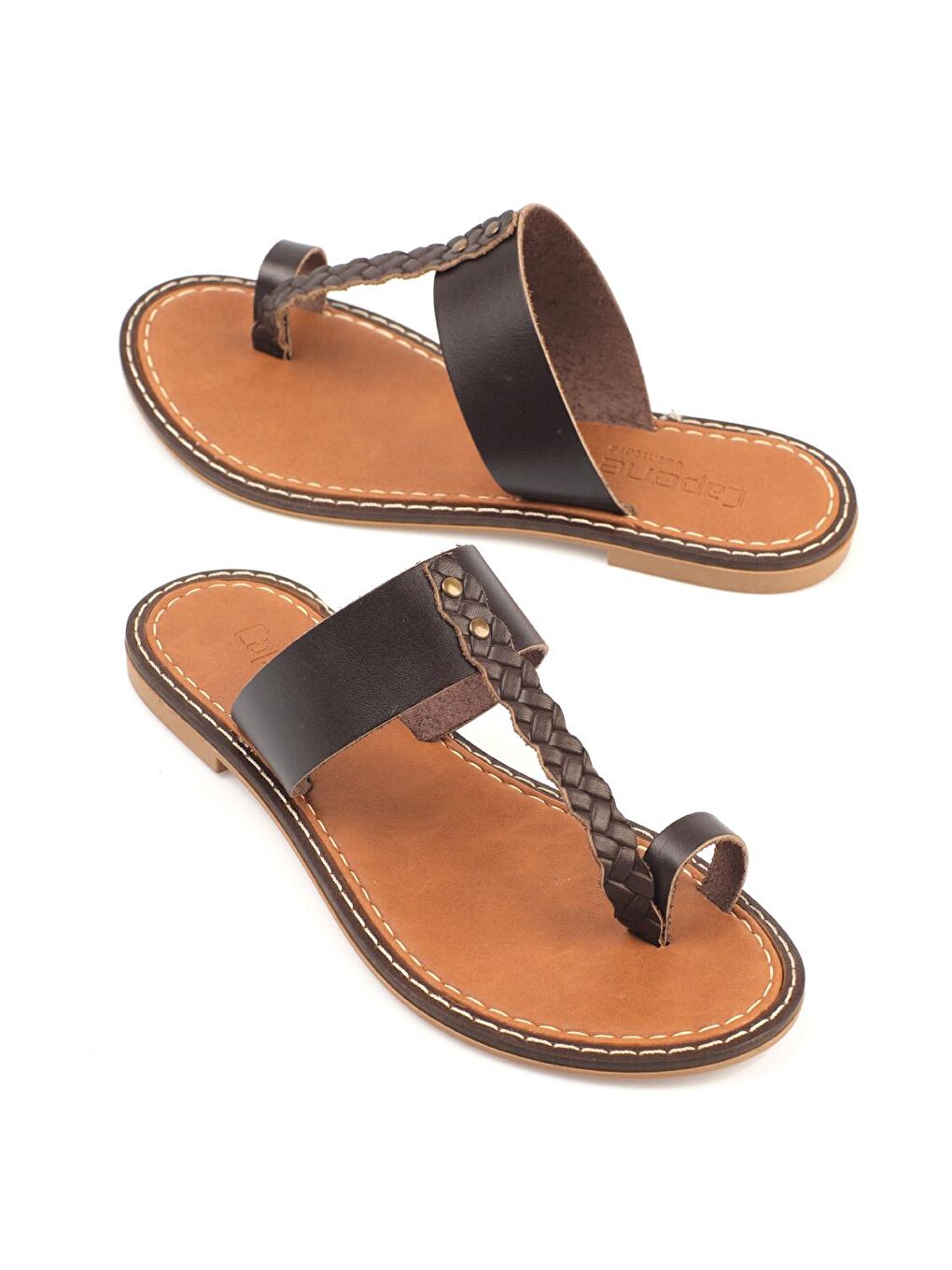 Kahverengi Parmak Arası Deri Kadın Terlik-2