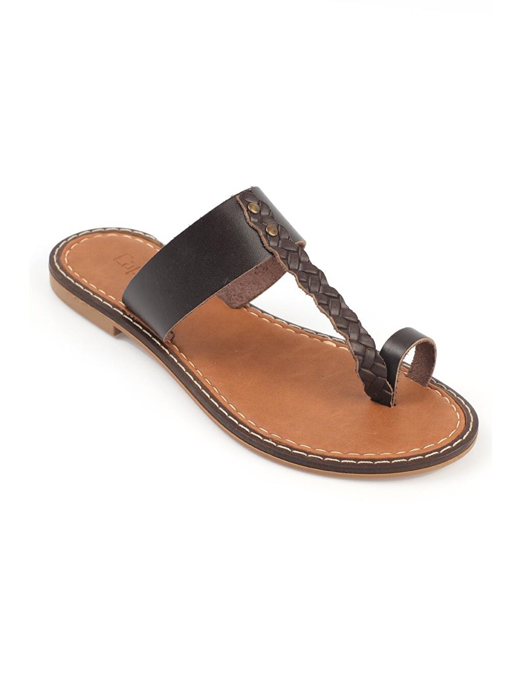 Kahverengi Parmak Arası Deri Kadın Terlik-3