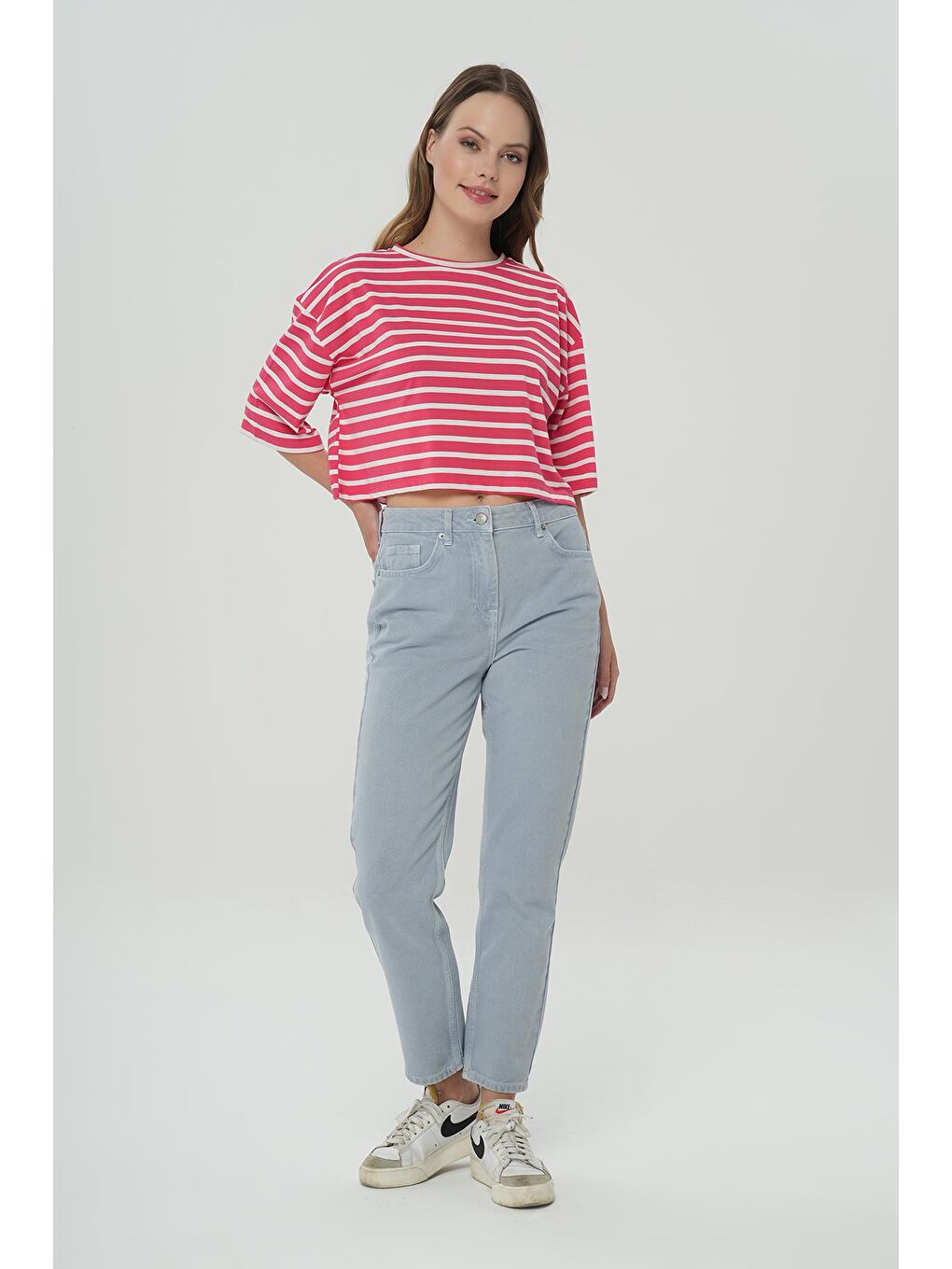 Ariana Gri-Mavi  Yüksek Bel Patı Fermuarlı Mom Jean Pantolon C 4525-139