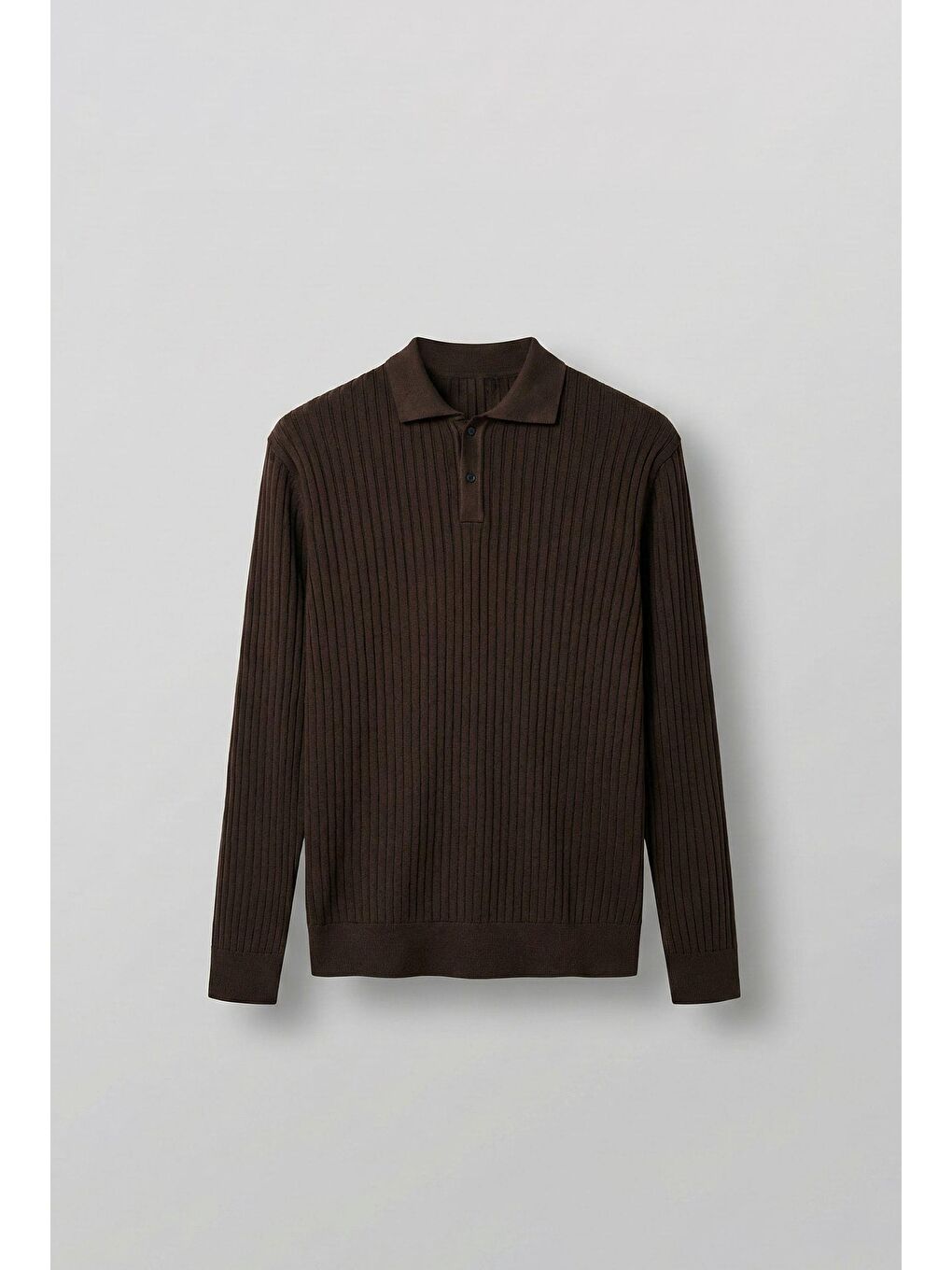 Erkek Slim Fit Polo Yaka Fitilli Örme Triko Kazak Kahverengi