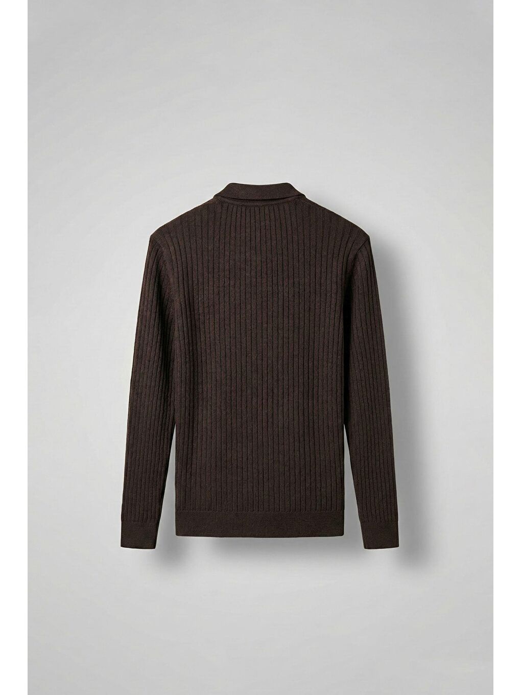 Erkek Slim Fit Polo Yaka Fitilli Örme Triko Kazak Kahverengi-1