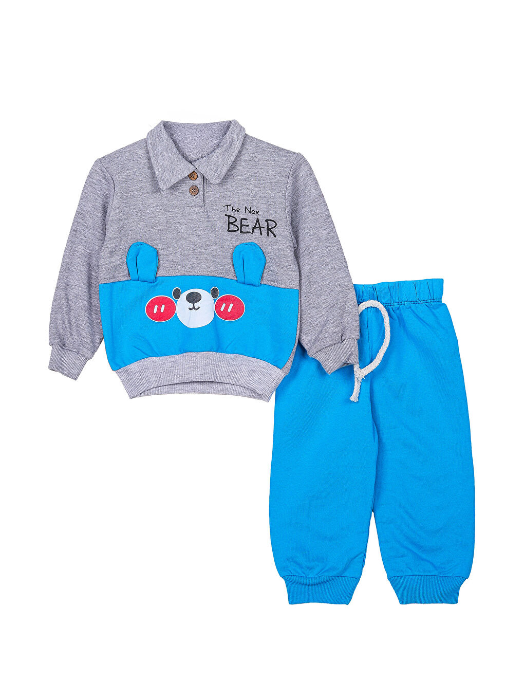 KİKO Gri Bear Baskı Düğme Detaylı Erkek Bebek Sweatshirt Eşofman 2'Li Takım