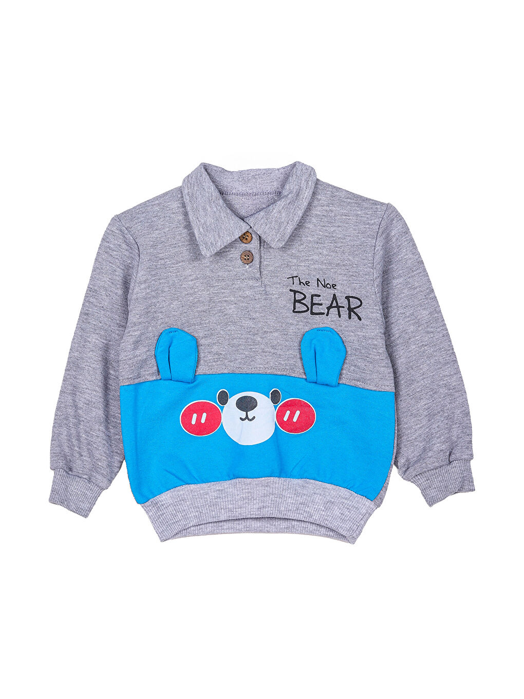 KİKO Gri Bear Baskı Düğme Detaylı Erkek Bebek Sweatshirt Eşofman 2'Li Takım - 1