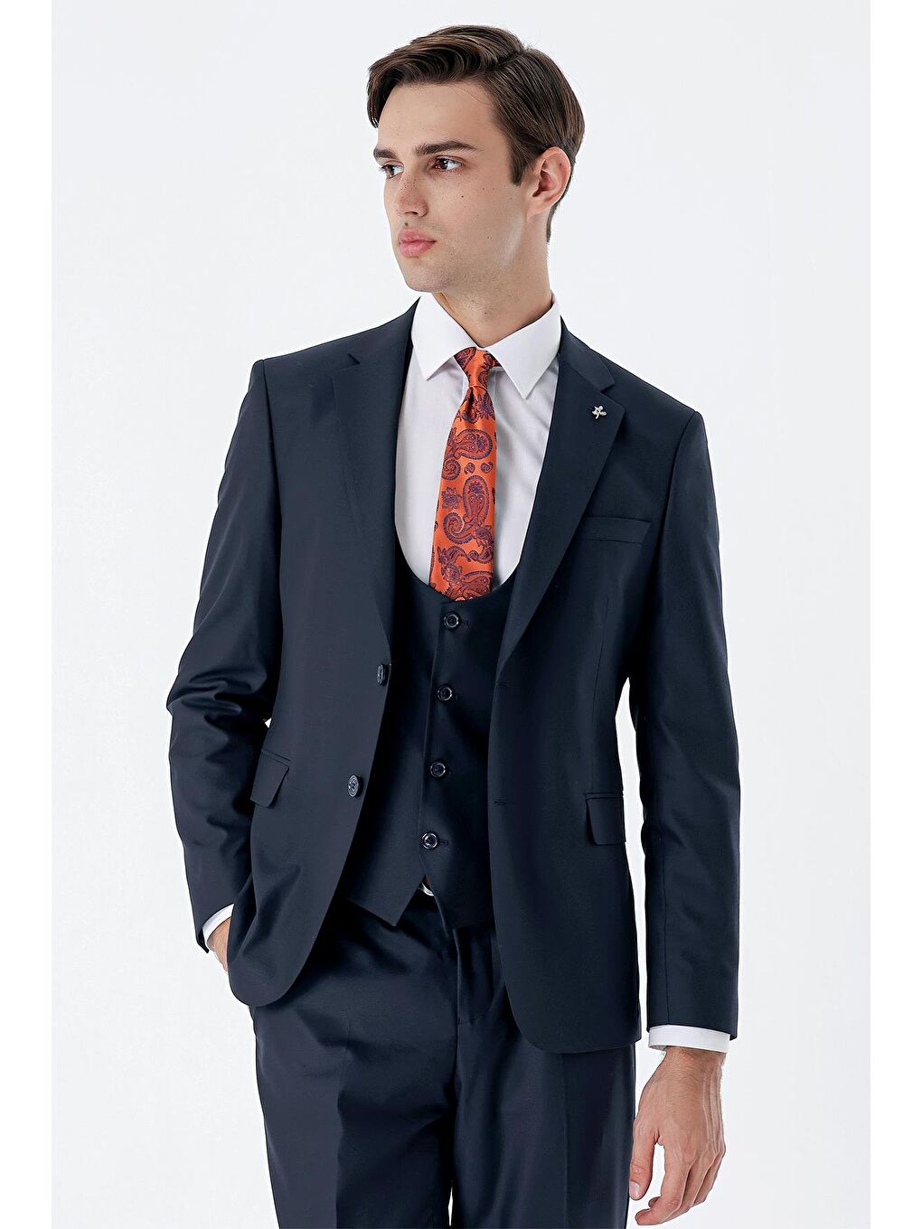 Lacivert Mono Yaka Astarlı Çift Yırtmaç Yelekli 6 Drop Slim Fit Dar Kesim Basic Takım 1001230186-1