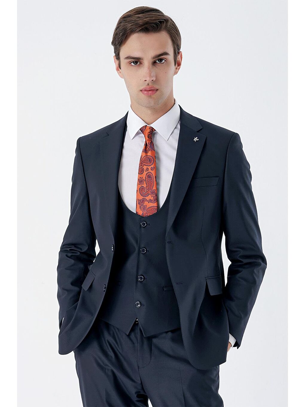 Lacivert Mono Yaka Astarlı Çift Yırtmaç Yelekli 6 Drop Slim Fit Dar Kesim Basic Takım 1001230186-2