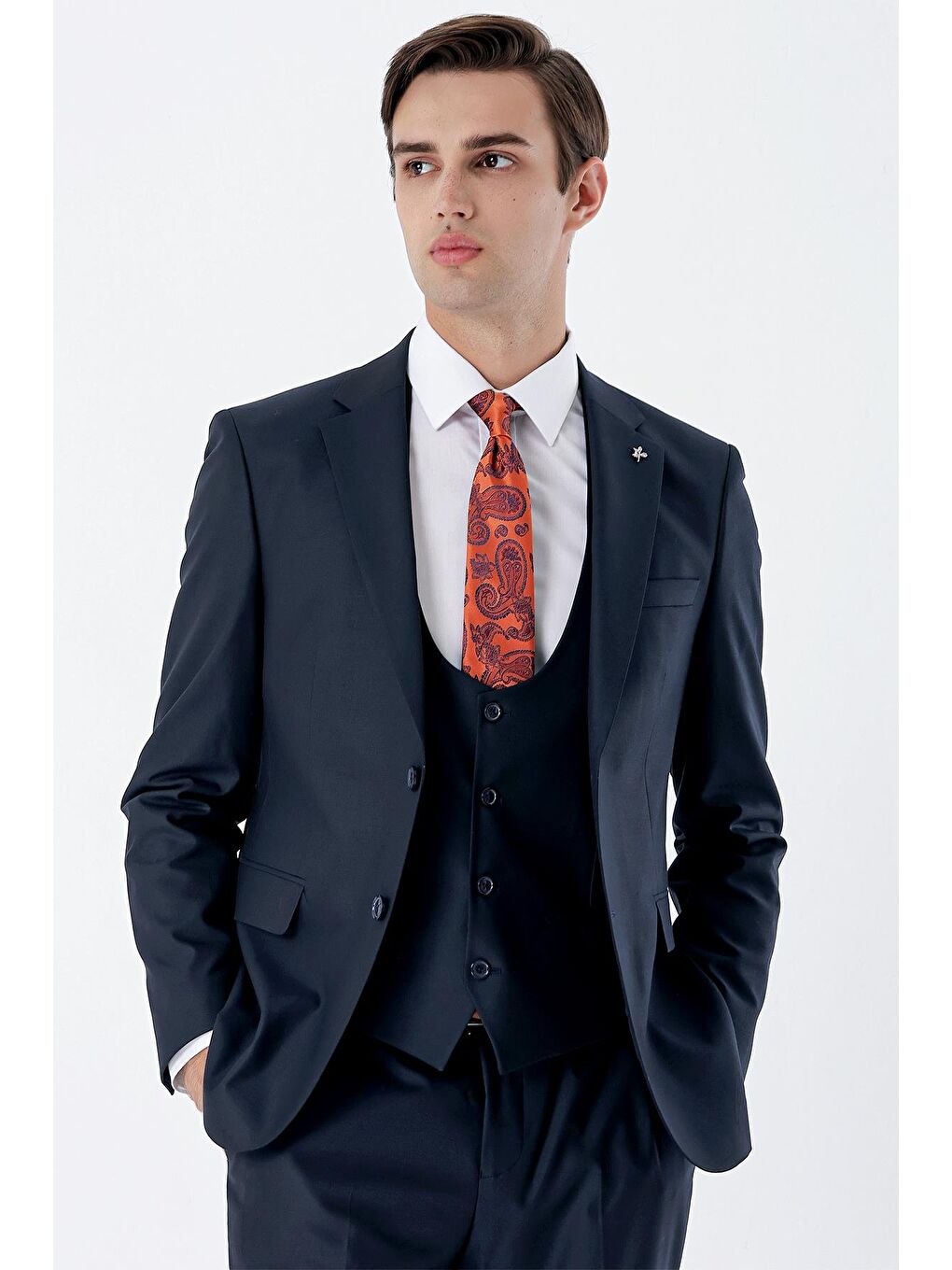 Lacivert Mono Yaka Astarlı Çift Yırtmaç Yelekli 6 Drop Slim Fit Dar Kesim Basic Takım 1001230186-3