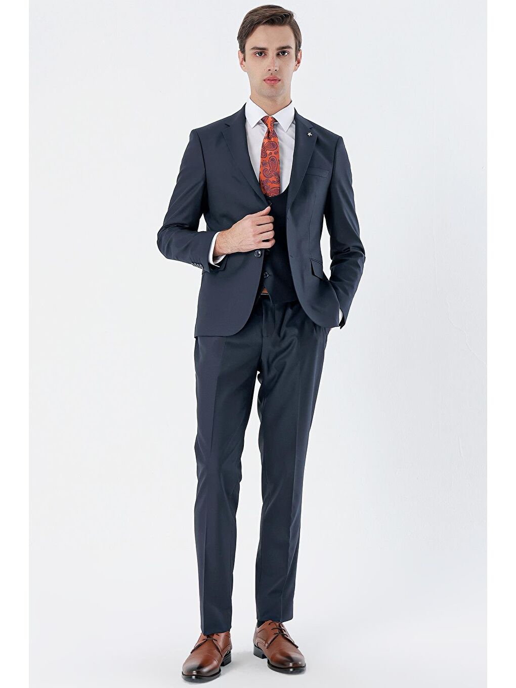 Lacivert Mono Yaka Astarlı Çift Yırtmaç Yelekli 6 Drop Slim Fit Dar Kesim Basic Takım 1001230186-4