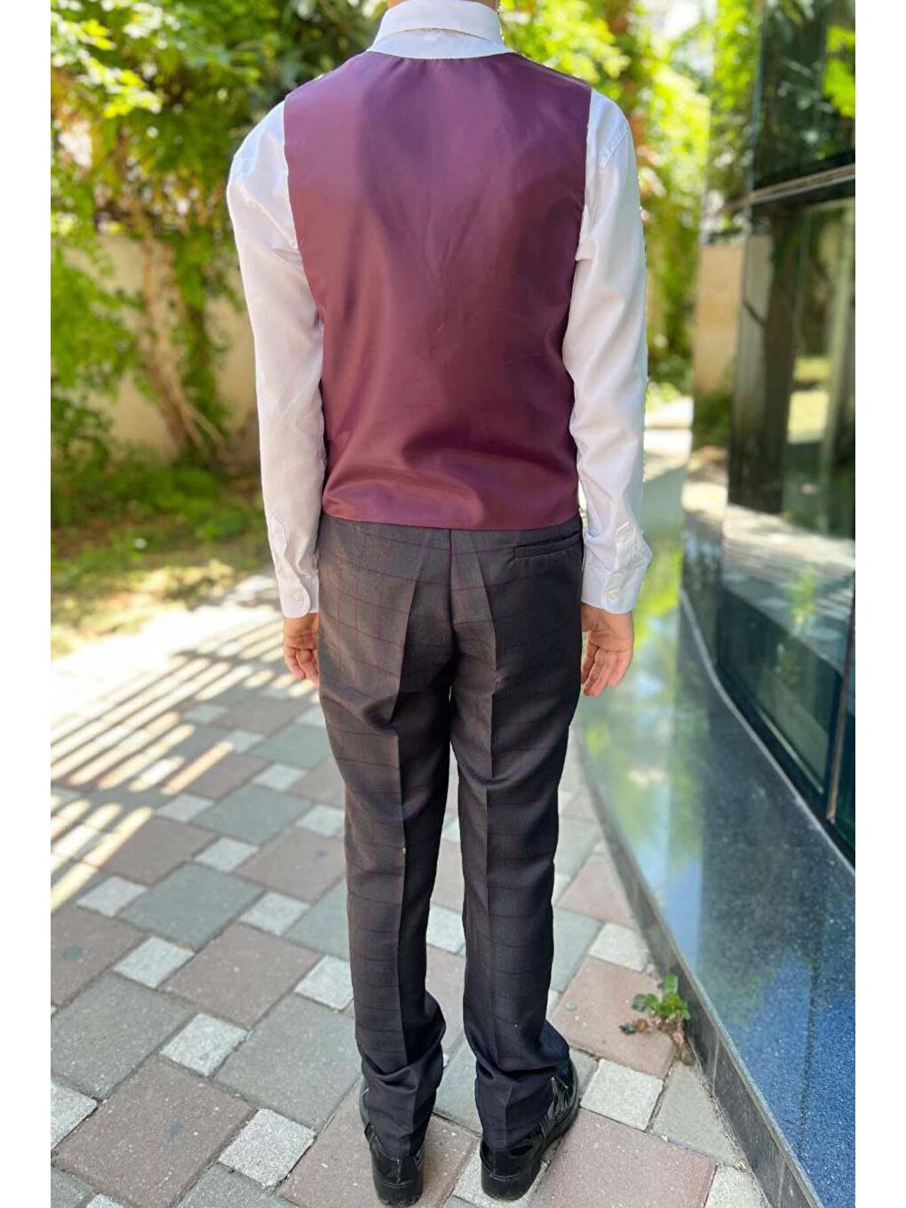 Erkek Çocuk V Yaka Ekose Desenli Mürdüm Takım Elbise-1