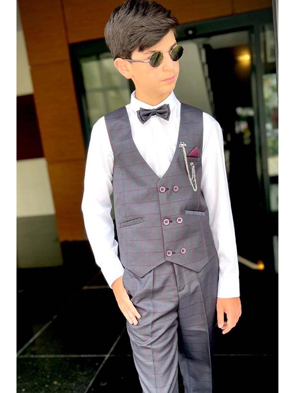 Erkek Çocuk V Yaka Ekose Desenli Mürdüm Takım Elbise-2