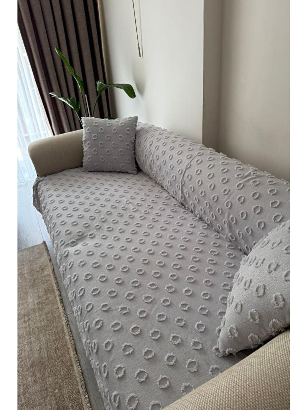 Konik Kırlent Kılıfı Hediyeli 170x210 cm Pamuklu Koltuk Örtüsü Gri-1