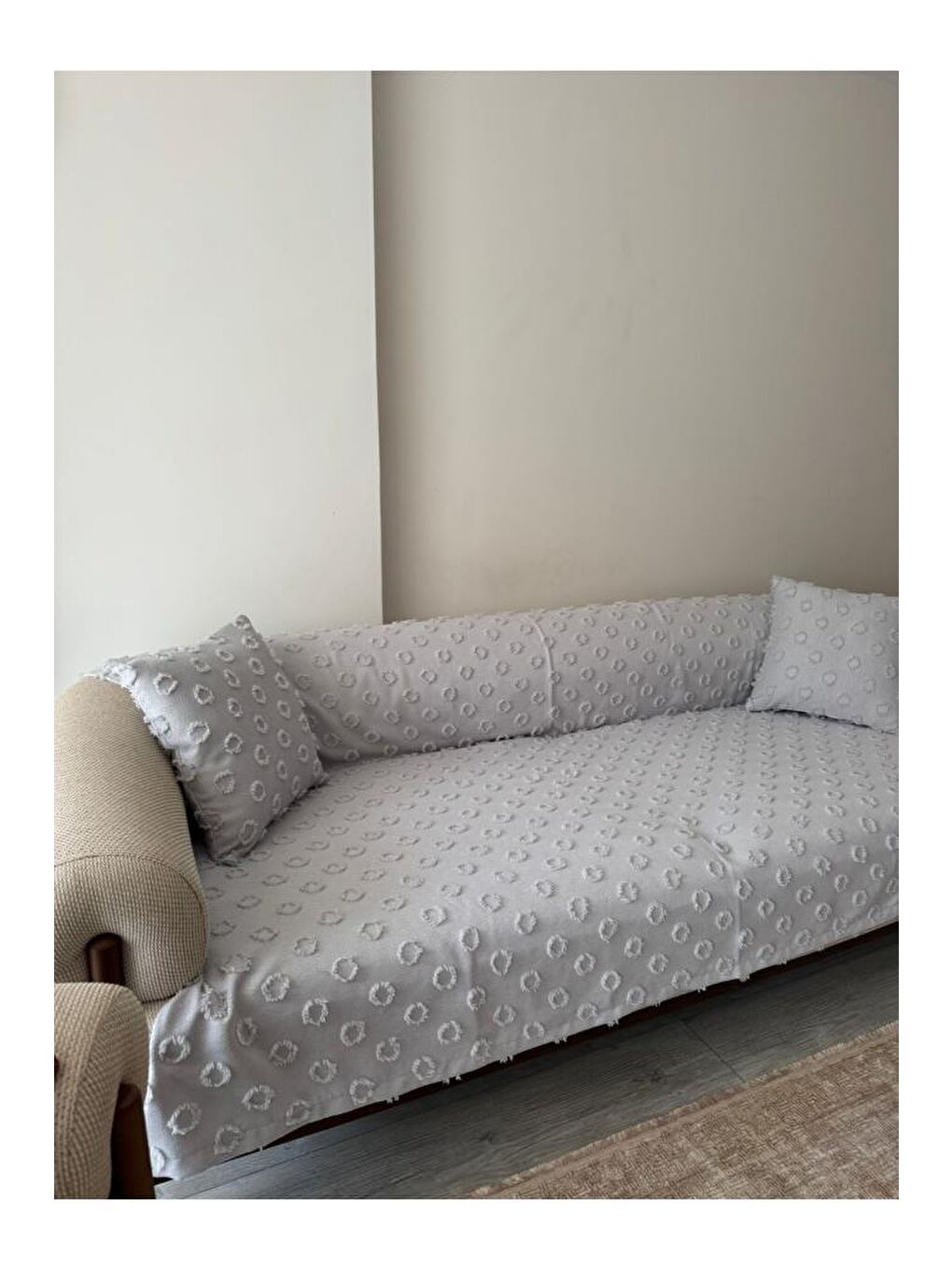 Konik Kırlent Kılıfı Hediyeli 170x210 cm Pamuklu Koltuk Örtüsü Gri-2
