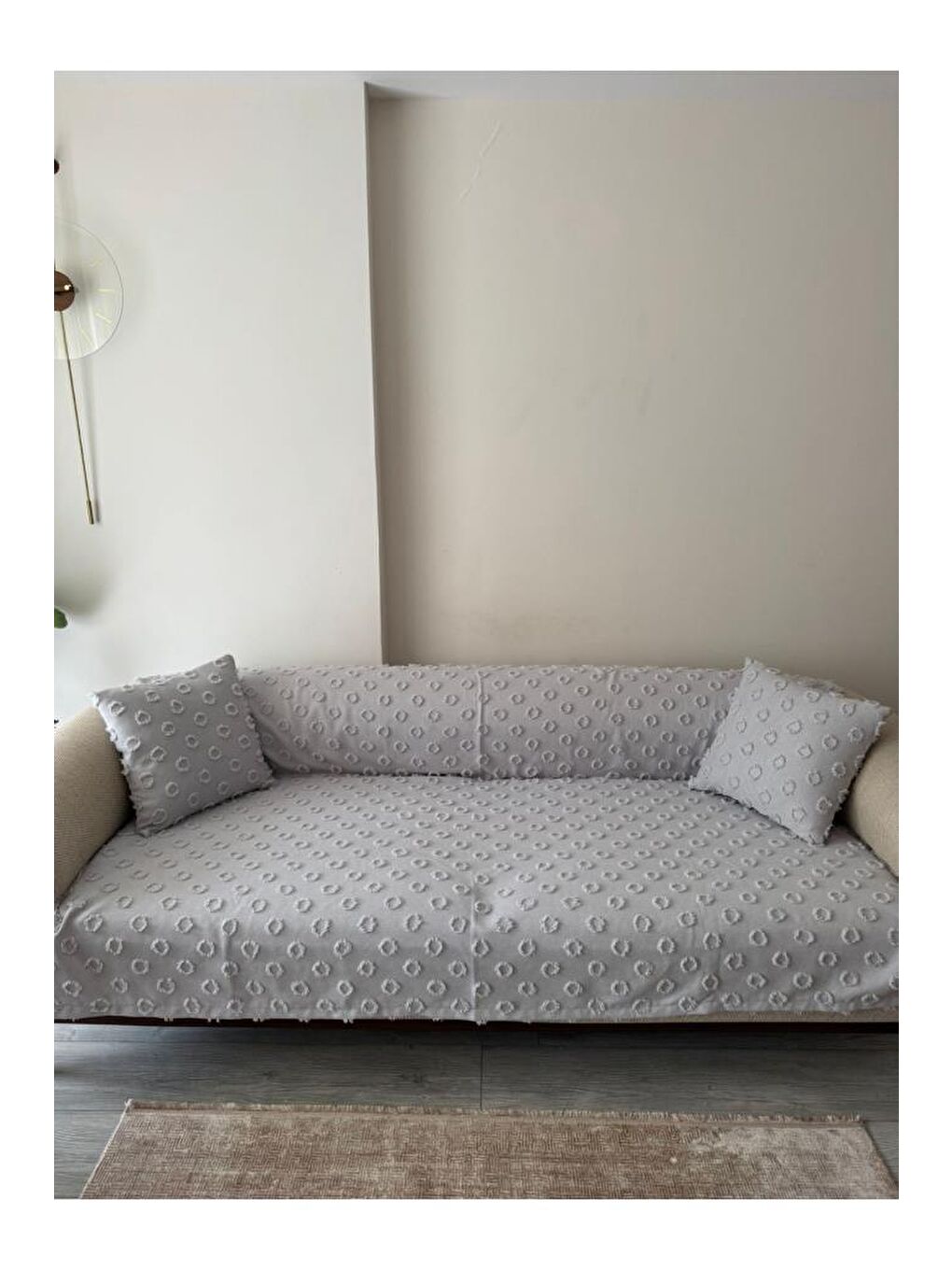 Konik Kırlent Kılıfı Hediyeli 170x210 cm Pamuklu Koltuk Örtüsü Gri-3