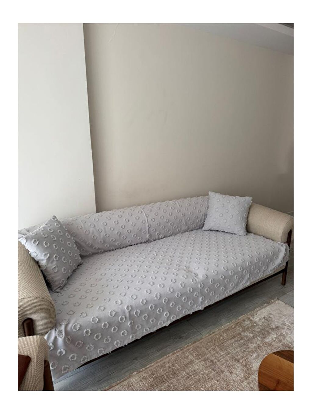 Konik Kırlent Kılıfı Hediyeli 170x210 cm Pamuklu Koltuk Örtüsü Gri-4