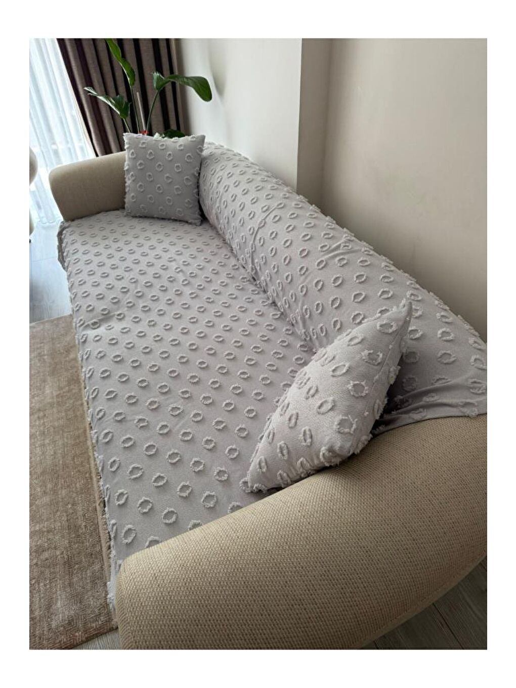 Konik Kırlent Kılıfı Hediyeli 170x210 cm Pamuklu Koltuk Örtüsü Gri-6