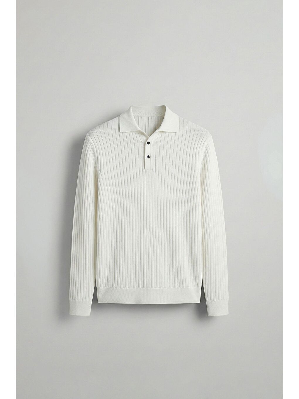 Erkek Slim Fit Polo Yaka Fitilli Örme Triko Kazak Ekru