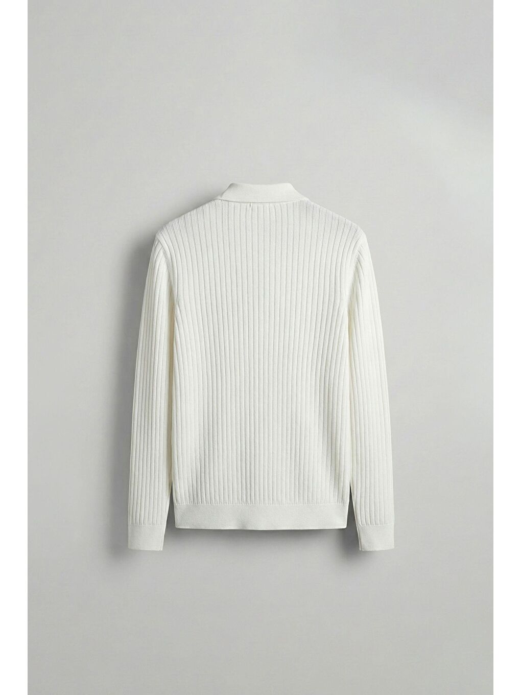 Erkek Slim Fit Polo Yaka Fitilli Örme Triko Kazak Ekru-1