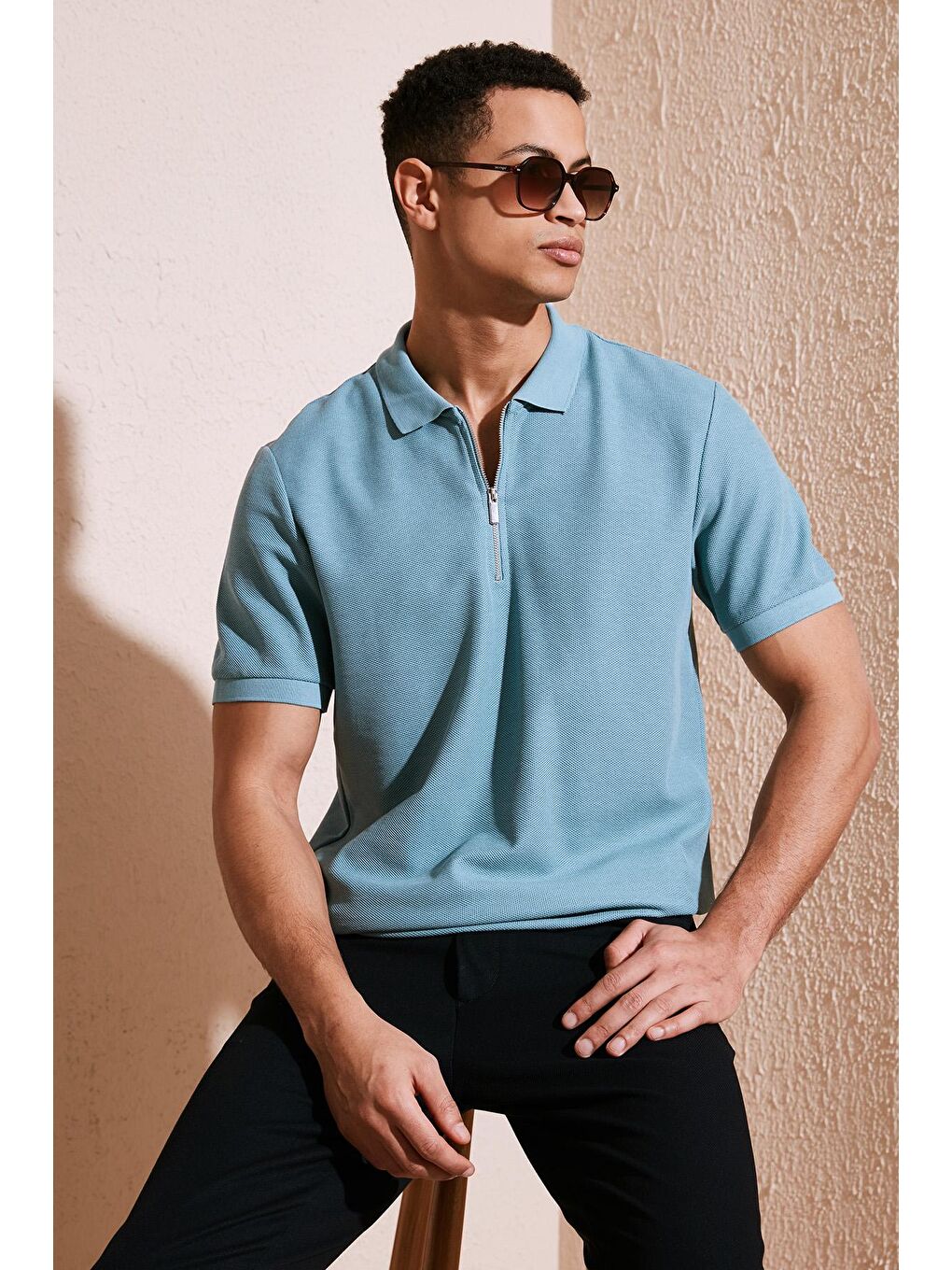 Mavi Pamuklu Regular Fit Fermuarlı Polo Yaka %100 Pamuk Tişört 5902434