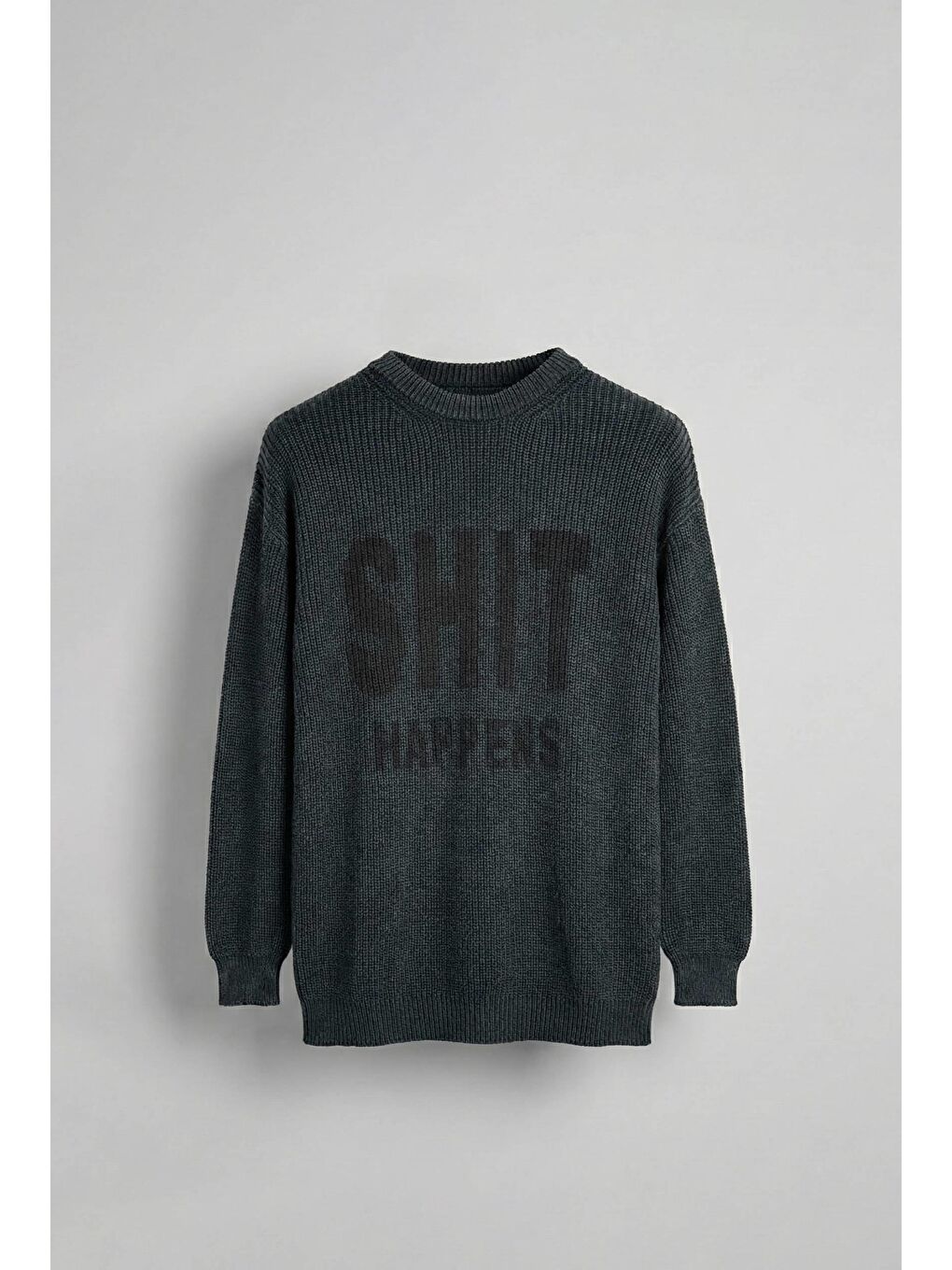 Erkek Relaxed Fit Yıkamalı Örme Kazak %100 Pamuk Siyah