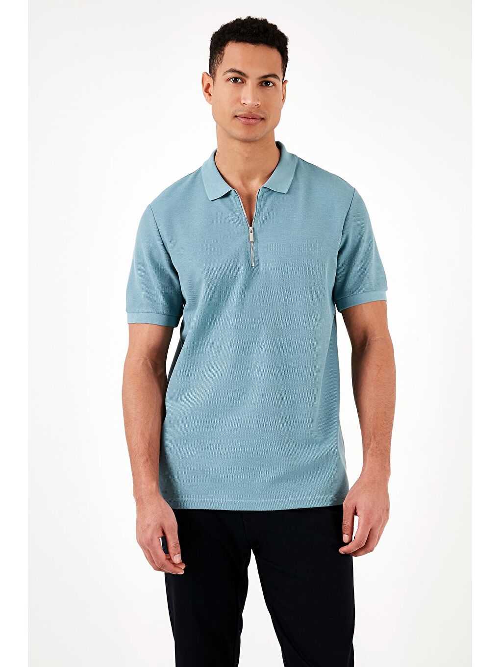 Mavi Pamuklu Regular Fit Fermuarlı Polo Yaka %100 Pamuk Tişört 5902434-4