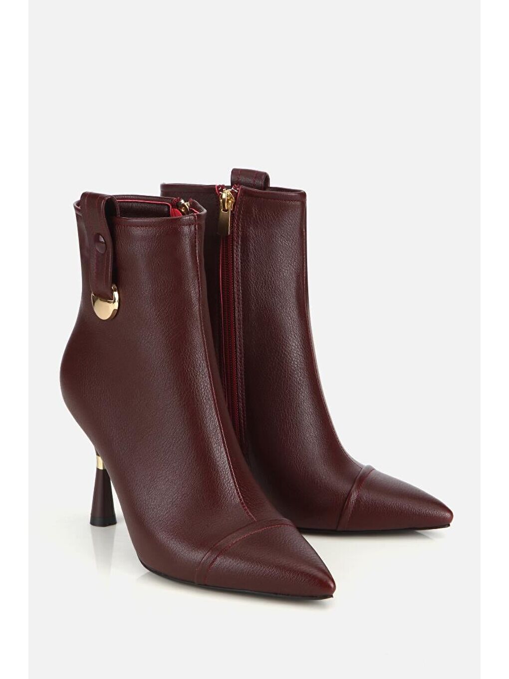 Kadın Bordo Dikiş Detaylı Gold Detaylı Tokalı İnce Topuklu Bot-1