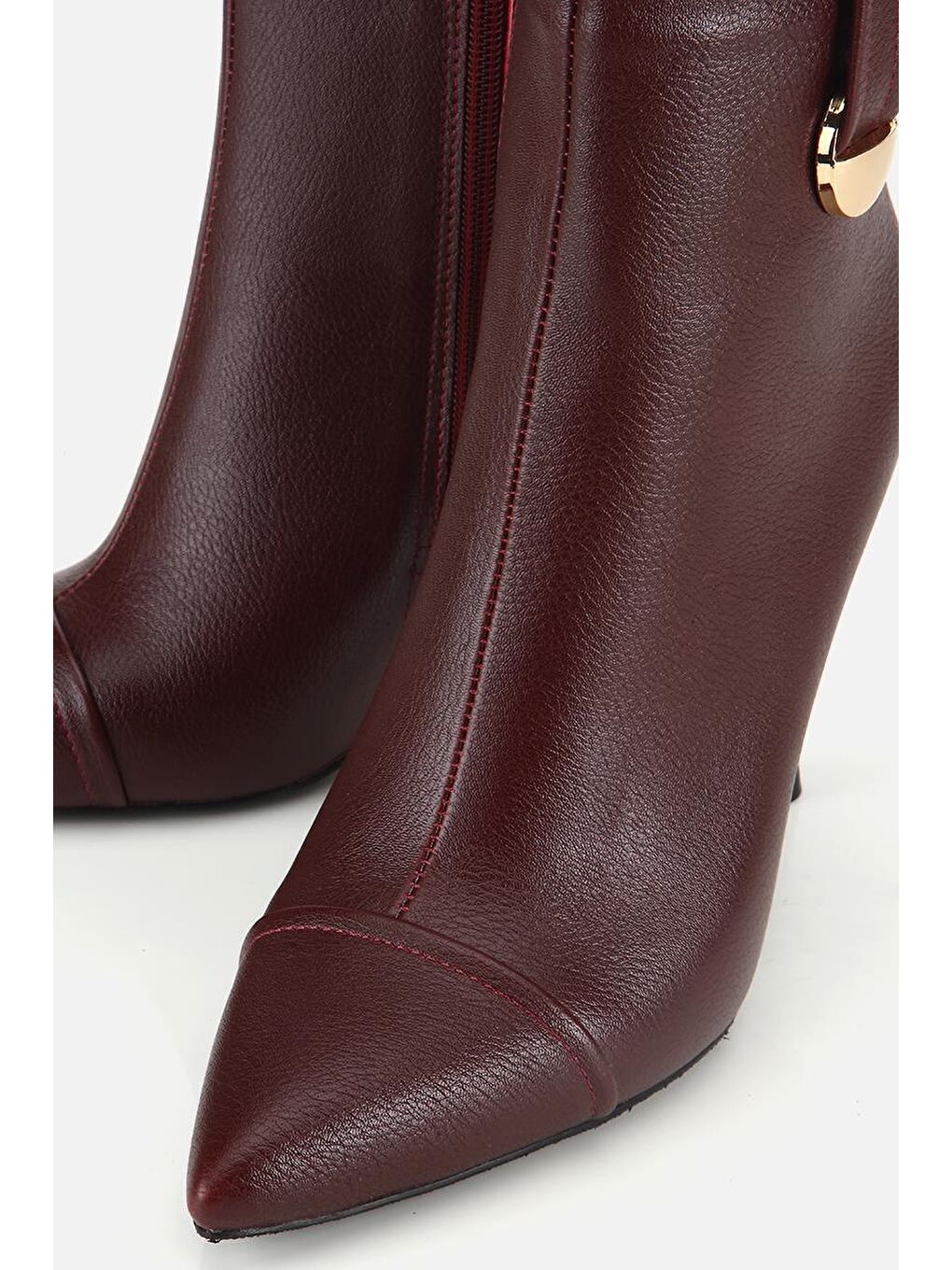 Kadın Bordo Dikiş Detaylı Gold Detaylı Tokalı İnce Topuklu Bot-3