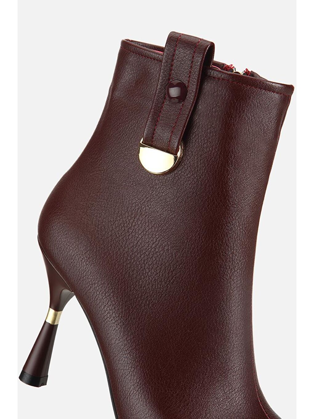 Kadın Bordo Dikiş Detaylı Gold Detaylı Tokalı İnce Topuklu Bot-5
