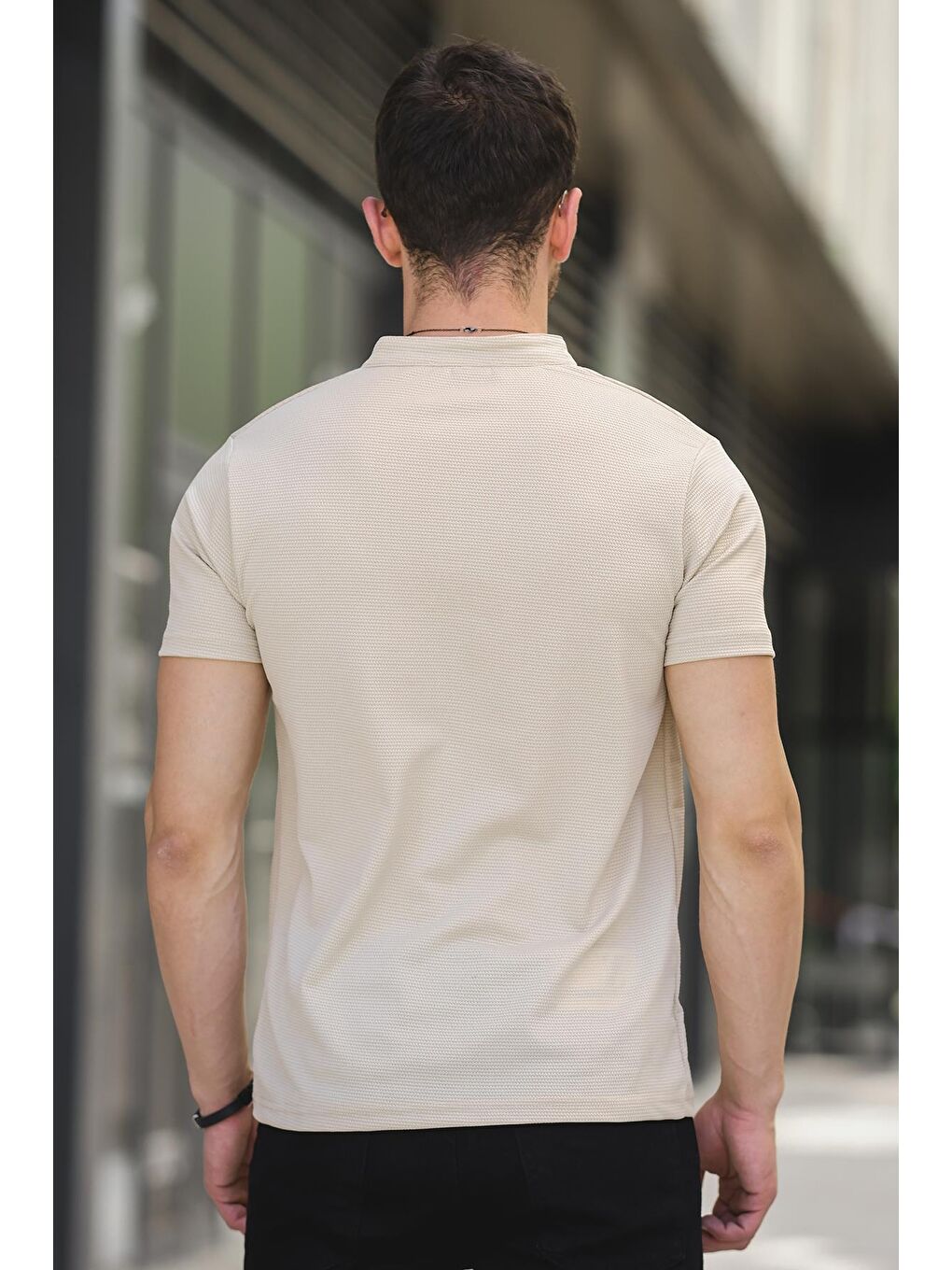 Bej Dino V Hakim Yaka Petek Kumaş Erkek Tshirt-3