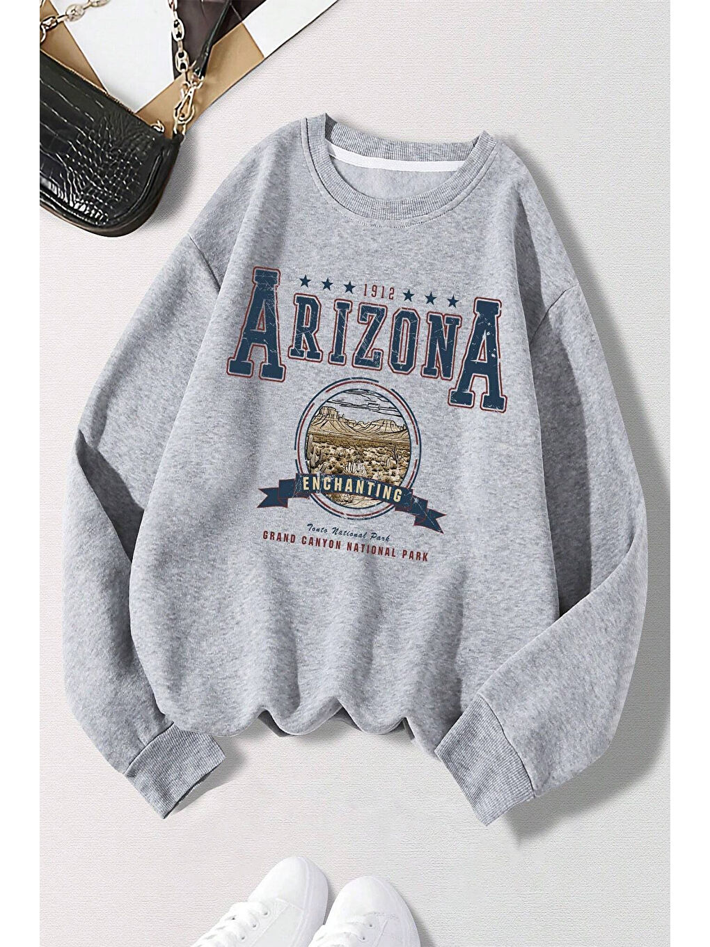 uyguntarz Gri Arizona Baskılı Oversize Sweatshirt